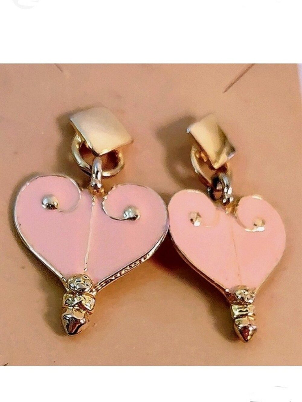 Tea Rose Pink & Gold Enamel Heart Earrings